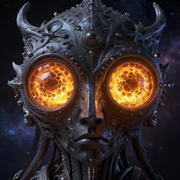 cosmic deity with eyes made of interstellar stargates with molten honeycomb structure, intricate detail, royo, whealan, giger, hd, 8 k, octane render, unreal engine,