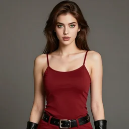 gorgeous girl with brown hair and green eyes, wearing a camisole and boots, red and black color palette, in the style of and ilya kuvshinov and greg rutkowski, high quality anime artstyle, intricate