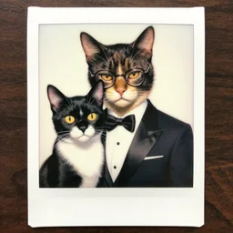 polaroid of aesthetic portrait commission of a of a male fully furry anthro tuxedo cat and a beautiful attractive hyperdetailed face wearing wearing a tuxedo character design and glasses by dayer, diego 5, detailed, inked, award winning film poster painting