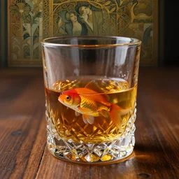 on a wooden floor there is a crystal glass filled with whiskey and a goldfish swimming inside, close up view, dramatic lighting, DOF, caustics, soft, sharp focus, art nouveau, intricate artwork by Raymond Swanland and Greg Rutkowski