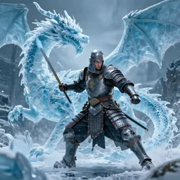 a man wearing full battle gear slaying a dragon made of ice