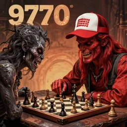 digital art of a chthonic horror playing chess against a redneck with a mullet wearing a trucker hat in the style of a 1970's movie poster