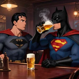batman drinking beer with superman in a bar, Award winning digital art, 4k, 8k