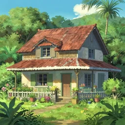 a typical house in a creole garden, reunion island from reunion island modern anime style by studio ghibli, makoto shinkai, trending on artstation