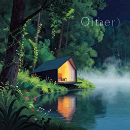 ( ( dither ) ), editorial illustration angled view, lakeside cabin illustated by ( ( zaha hadid, lush ) ) forest, night, foliage, vines, flowers fog, colorful modern, mads berg, karolis straututniekas. ( ( christopher balskas ) ), lomography, dramatic lighting,, wood block print