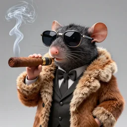 an anthropomorphic gangster rat, octane render, digital art, 3 d, studio lighting, post processing, smoking a big cigar, wearing sunglasses, wearing a fur coat