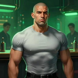 character concept portrait, muscular latino bald bouncer, tight shirt, cyberpunk bar background, digital painting, green neon, bokeh, detailed, highly detailed, smooth, sharp focus, illustration by ruan jia and mandy jurgens and william - adolphe bouguereau, artgerm