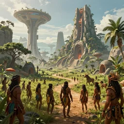a futuristic civilization living alongside with amazon tribe, matte painting, cinematic lighting, 4k, wide angle, trending on artstation, style by dylan cole