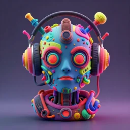 a claymodel of a steampunk spaced out futuristic robot head wearing headphones and multicolored tubes, 8 k, front view, symetrical, flourescent colors, halluzinogenic, multicolored, exaggerated detailed, front shot, 3 d render, octane