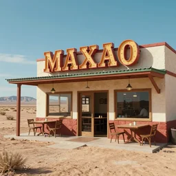 realistic exterior photo of a mexican restaurant, vaporwave, in a flat barren desert. 15mm. Very detailed 8k. Sharp. Cinematic post-processing. Unreal engine. Nanite. Ray tracing. Parallax. Tessellation