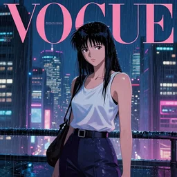 photo of cyberpunk city, nightscape, from vogue magazine, akira, girl under rain