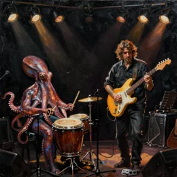 a beautiful painting by antonio segura donat of a couple of octopus playing drums and telecaster guitar in an electronic concert, black background, concert light, dark mood, warm lights