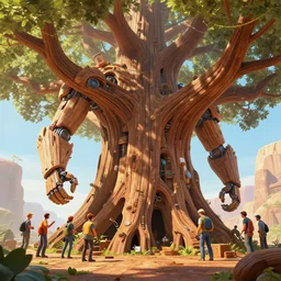 engineers work around a giant 1 0 0 ft orgainc wooden tree mech, solarpunk, organic mech made of wood, cinematic lighting, octane render, 3 d pixar disney digital cgi rtx hdr painting, highly detailed, artstation cgsociety masterpiece, by syd mead, greg rutkowski, wlop, artger