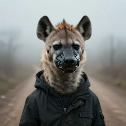 extremely foggy dirt road portrait of furry anthro anthropomorphic spotted hyena head animal person fursona wearing clothes strange cybernetic muzzle gloomy digital art by Greg Rutkowski, Simon Stalenhag, christopher nolan trending on Artstation, CGSociety