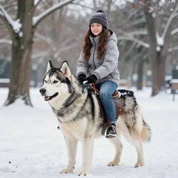 girl riding on a giant husky in a snowy park, trending on art station