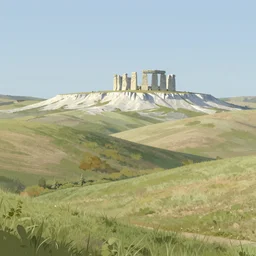 concept art by craig mullins : an italian landscape in bright daylight. soft rolling hills in the foreground. in the distance a small mesa of white marble can be seen. a stone henge is standig atop of the cliff