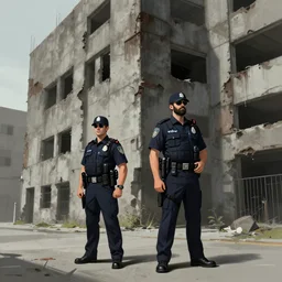 two police guards stand outside a brutalist building, concept art by james paick