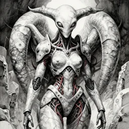 naraka buddhist demon korean female, happy alien, high tech armor, tubular creature, blood vessels, no face, dystopian surrealism, alex ries zdzisław beksinski, symmetrical long head, smooth marble surfaces, smooth marble surfaces, detailed ink illustration, detailed ink illustration, raiden metal gear, cinematic smooth stone, deep aesthetic