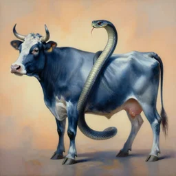 painting of hybrid between cow & snake, intercrossed animal, by zdzislaw beksinski, by lewis jones, by mattias adolfsson, cold hue's, warm tone gradient background, concept art, beautiful composition, digital painting