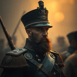 portrait of a prussian kaiser on the frontline, steampunk, atmospheric lighting, golden hour, intricate painting by caravaggio, greg rutkowski, ruan jia, tom bagshaw