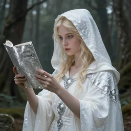 portrait of the goddess of memory recording history on silver in a forest, white hood, white dress, blonde, fantasy, magical, realistic, spiritual, supernatural, detailed and intricate, elegant, majestic, highly detailed, digital painting, digital art, trending on artstation, drawn by wlop, 4 k octane render