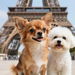 a photorealistic closeup image of a cute brown colored long haired chihuahua cocker spaniel dog with a happy white bichon frise dog in paris near the eiffel tower. brightly lit. extreme detail. 4 k hd unreal engine