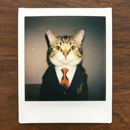 polaroid of cat wearing suit