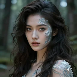beauteous sumptuous face with incredibly accurate lifelike eyes with catchlights, cinematic forest lighting, with incredible voluminous flowing photorealistic hair, delicate crystalline tattoo masterpiece, hyperdetailed face, elegant pose, movie still, intricate, octane render, unreal engine,