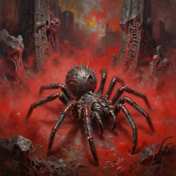 fine art oil painting varied muck jeweled, filthy, doubled, spiked, rugated armored whip spider, clawing & terrified as massive brutalist structures, claustrophobic cilia sporing pox, final battle failure, red mustard gas fog, by alex nino, francesco blanc, geof darrow, h r giger, bisley, b wolverton, jack gaughan