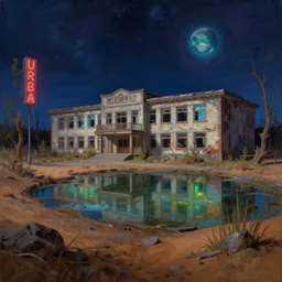 a beautiful photorealistic painting of urbex abandoned school by thomas kinkade, at night desert lake sci - fi nightvision hyperrealism jupiter atlantis thermal imaging elysian cgsociety evil neon signs reclaimed by nature, archdaily, wallpaper, highly detailed, trending on artstation.