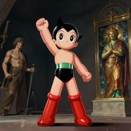 wide angle portrait of Astroboy, heroic pose, zenith angle, shadowy area, dramatic, concept art, digital painting, Unreal Engine 5, 8K, art by artgerm and greg rutkowski and alphonse mucha