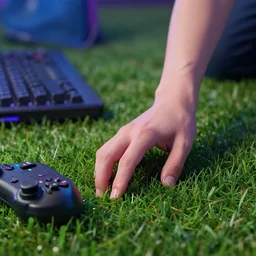 a gamer touching grass for the first time, photograph, hyper detailed, realistic