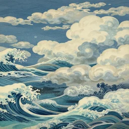 clouds and waves, an aesthetically pleasing, dynamic, energetic, lively, complex, intricate, detailed, well - designed fine art of a beach, ripples, waves, sea foam, light and shadow, overlaid with aizome patterns, shin - hanga by hayao miyazaki, superior quality, masterpiece, featured, trending, award winning, hdr, hd