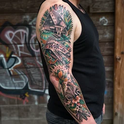 a photo of a tattoo sleeve design of transylvanian!!! folk design with transylvanian!!! folk design, in the style of graffiti