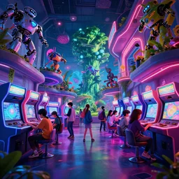 interior shot, ready player one, teenager hangout spot, scifi futuristic arcade , robots  , people  , neon lights, james gurney, katsuhiro otomo, james paick, cinematic lighting, artstation, vibrant nature, anime style, Craig Mullins, Greg Rutkowski, Pete Morbacher, Tuomas Korpi, tekkon kinreet, volumetric light, artstation, , octane render, redshift render, low angle camera