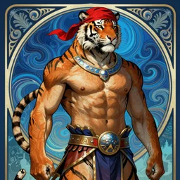 anthropomorphic male tiger as gladiator champion, masculine and strong, red tattered bandana by artgerm, cushart krenz, greg rutkowski, mucha. art nouveau. gloomhaven, swirly liquid ripples, blue tones, vibrant colors, sharp edges. ultra clear detailed. 8 k. elegant, intricate, octane render