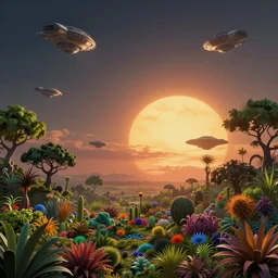 sunrise in alien planet, many spaceship in the sky, full of vegetation, colourful plants, trees, matte painting, high detail, artstation