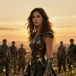 mila kunis beautiful portret as a warrior, epic vista, 2 0 0 mm focal length, sundown, golden hour firefly wisps, steve hanks, charlie bowater, steve henderson, justin gerard, mark keathley, victor nizovtsev, ross tran, wlop, hajime sorayama