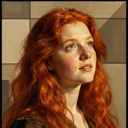 rembrandt - influenced portrait of a redhead set against a precisionist background. the woman's face is illuminated by a warm, golden light, and her gaze is directed upward, as if she is lost in thought. the background is composed of geometric shapes and clean lines, creating a contrast with the woman's more organic features