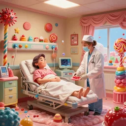 photo of a happy patient and doctor or nurse in a medium care hospital room made out of soft candy, candy hospital equipment, candy hospital room, candy treatments, oompa loompa virus, willy wonka pandemic