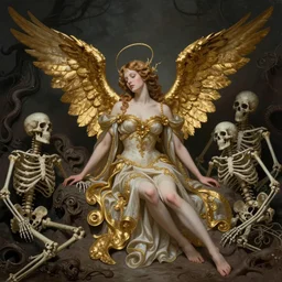 a beautiful fallen angel in intricate costumes, 6 golden wings, in hell, surrounded by skeletons, art nouveau. rococo