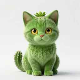 surreal, realistic eyes! cactus kitten, cute kitten green face, yellow cat eyes, green veggie sitting kitten with spikes, shaped as cactus, in a pot, on the table, herbology, hd photography, coherent, intricate, blender, concept art, radiant light