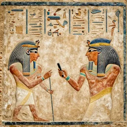 a fragment of ancient egyptian hierographic panel of people using a smartphone