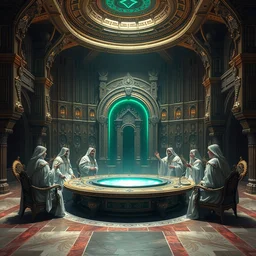 ! dream cinematic, renderman, futuristic palace hall with nine kings and queens, dressed in white robes, round table with stargate, high detailed decor, emerald treasure, jeremy mann and greg rutkowski, frank frazetta
