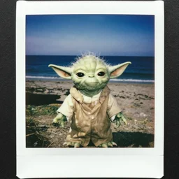 polaroid photo of yoda at the beach. photo by martin parr. anthropological photography. flash photography