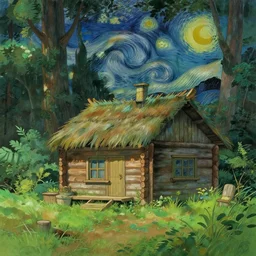 [ a log cabin in the forest ] [ van gogh ] [ studio ghibli ]