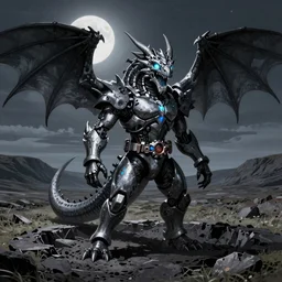 roaring humanoid dragon with glowing eyes and mouth standing in a crater on the plains of scotland, glowing eyes, charcoal and silver color scheme, full body single character, moonlit night, good value control, high contrast, biomechanical, illustration, concept art, kamen rider suit