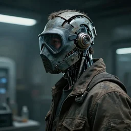 a half - masked rugged laboratory engineer man with cybernetic enhancements as seen from a distance, scifi character portrait by greg rutkowski, esuthio, craig mullins, 1 / 4 headshot, cinematic lighting, dystopian scifi gear, gloomy, profile picture, mechanical, half robot, implants, bio
