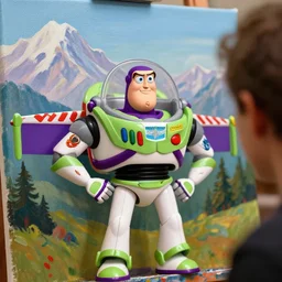 a closeup photorealistic photograph of bob ross painting an image of a buzz light year toy on a canvas. mountains and trees. film still. brightly lit scene. this 4 k hd image is trending on artstation, featured on behance, well - rendered, extra crisp, features intricate detail, epic composition and the style of unreal engine.