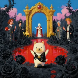 wide angle dynamic portrait of a chibbi dogon priest in a black rose garden with a red pond and a golden ornate steampunk portal, by mark ryden and todd schorr and mark davis and thomas kinkade in a surreal lowbrow style, digital paint, matte paint, vivid synthwave colors, breathtaking landsape!!